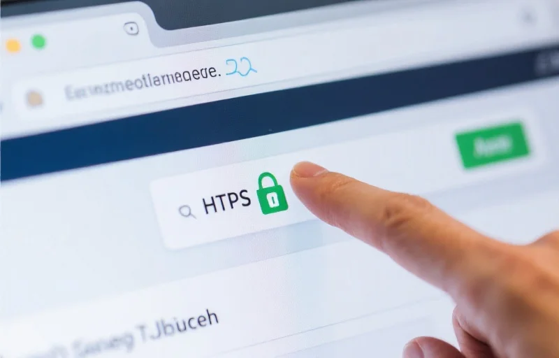 放大显示浏览器地址栏，突出https和安全锁标志，旁边有一只手指正在指示这个区域